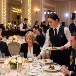 Waitstaff serving a plated dinner